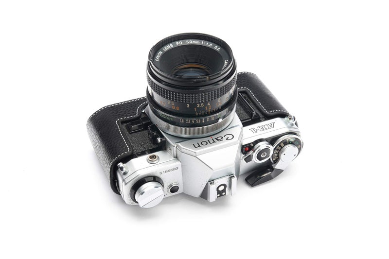 BolinUS A-1 Case, BolinUS Handmade Genuine Real Leather Half Camera Case Bag Cover for Canon AE-1 A-1 (NO Handle) Camera with Hand Strap (Black) - Image 4